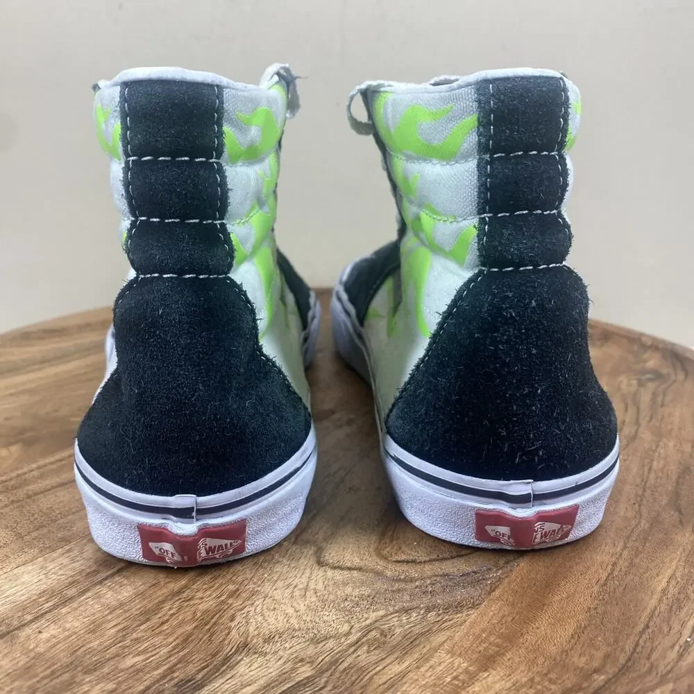 Vans Sk8 Hi Flame Black Mens White Green Flames Fire Size 9.5 High Top Shoes